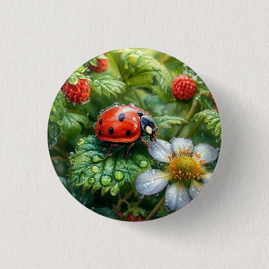 葉に止まるてんとう虫と水滴に覆われたイチゴの植物 缶バッジ (正面)