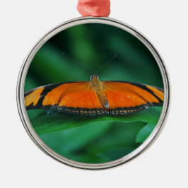 葉に鮮やかなオレンジと黒い蝶 メタルオーナメント