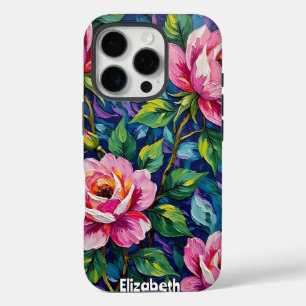 葉のある印象派ピンクのカラフルバラ iPhone 16 PROケース