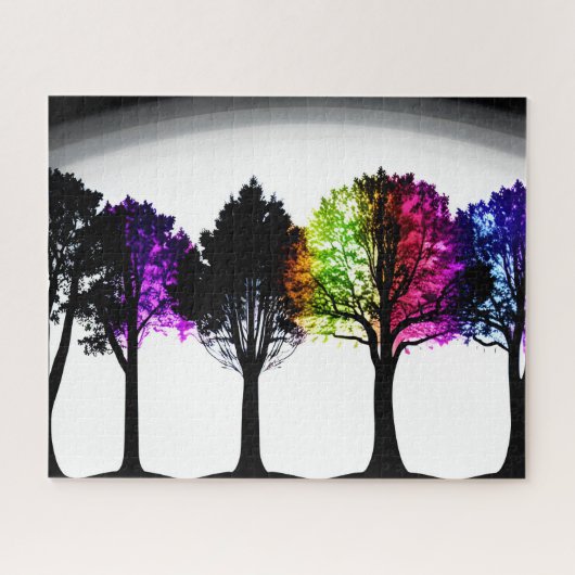 葉のある黒いシルエットカラフルツリー ジグソーパズル (横)