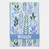 葉のつる植物パターン。青とペリウィンクル キッチンタオル (縦)