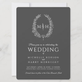 葉のオーバル ラインアート ウェディング ダークグレーとホワイト 招待状
