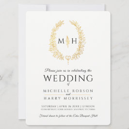 葉のオーバル ラインアート ウェディング ブラックとゴールド on 白 招待状