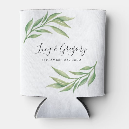 葉のグリーンをあしらった水彩ウェディングギフト 缶クーラー (正面)