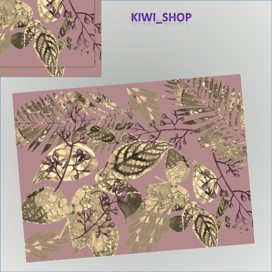 葉のコラージュと果実の濃いピンク 薄葉紙