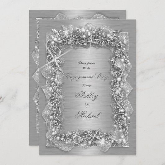 葉のシルバー ラグジュアリー 繁栄 輝く箔 招待状 (正面/裏面)