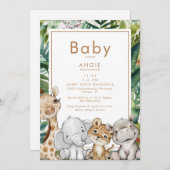 葉のジャングル動物の赤ちゃんシャワー 招待状 (正面/裏面)