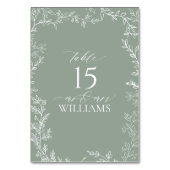 葉のセージ緑のモノグラムエレガントテーブルカード テーブルナンバー (裏面)