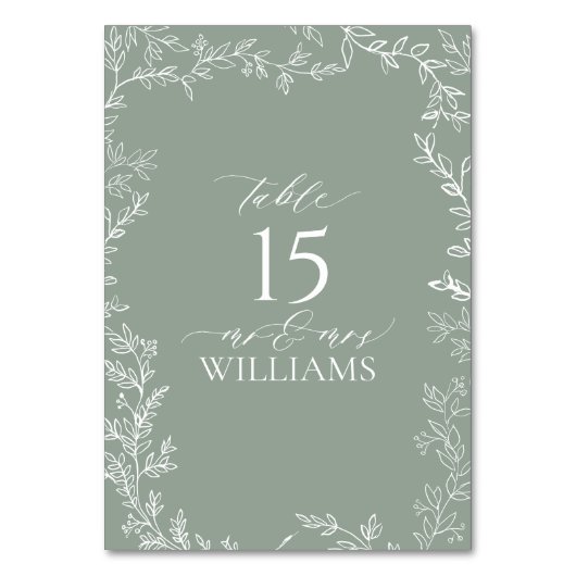 葉のセージ緑のモノグラムエレガントテーブルカード テーブルナンバー (正面)