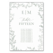 葉のセージ緑のモノグラムエレガントテーブルカード テーブルナンバー (裏面)