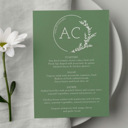 葉のフレームモダンミュート緑の結婚式のレセプション メニュー