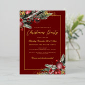 葉のフレーム伝統的のクリスマスパーティー 箔招待状 (立ち正面)