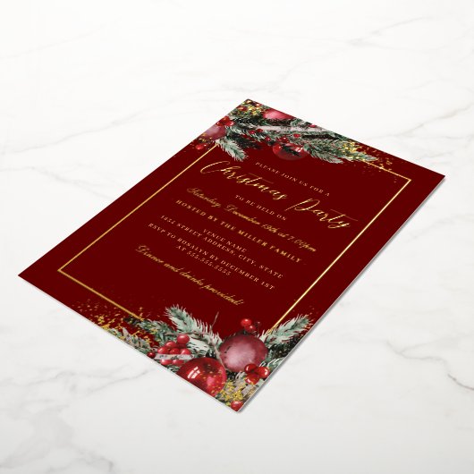 葉のフレーム伝統的のクリスマスパーティー 箔招待状 (回転した状態)