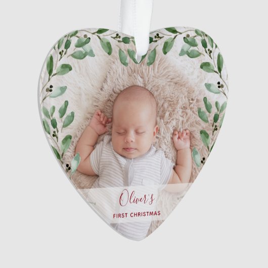 葉のフレーム |ベビーの初めてのクリスマス(写真あり) オーナメント (正面)