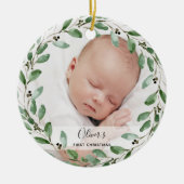葉のフレーム |ベビーの初めてのクリスマス(写真あり) セラミックオーナメント (正面)