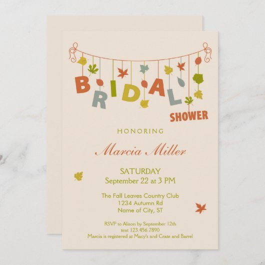 葉のブライダルシャワーの招待状をつるす秋 招待状 (正面/裏面)