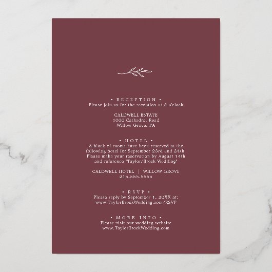 葉のミニマルブルゴーニュの金のホイルが一つ結婚の 箔招待状 (裏面)