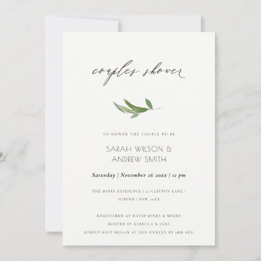 葉のミニマル多い葉の水色カップルのシャワー 招待状 (正面)