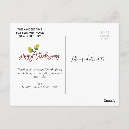 葉のモダン台本感謝祭の写真はがき ポストカード (裏面)