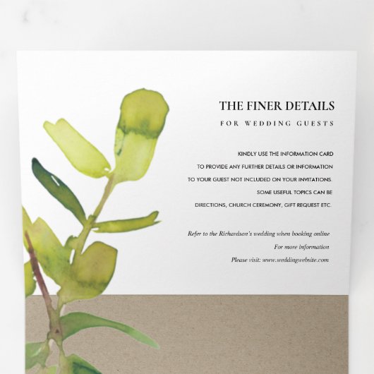 葉のモダン多い動物緑クラフト水の色結婚の 三つ折り招待状 (内部最初)