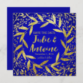 葉のリースの金ゴールドのグリッター|のコバルトの円 セーブザデート (正面/裏面)