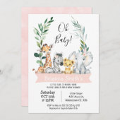 葉のリースガールズサファリ動物ベビシャワー 招待状 (正面/裏面)