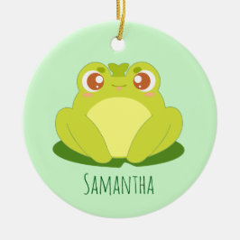 葉の上に座っているグリーンカエル セラミックオーナメント