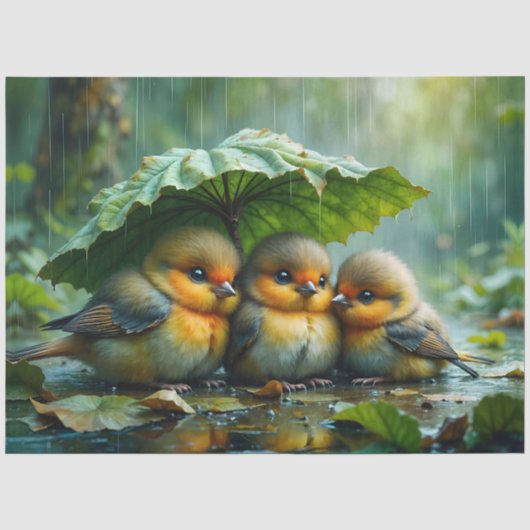 葉の下で雨宿りする愛らしいふわふわの鳥 薄葉紙 (正面)