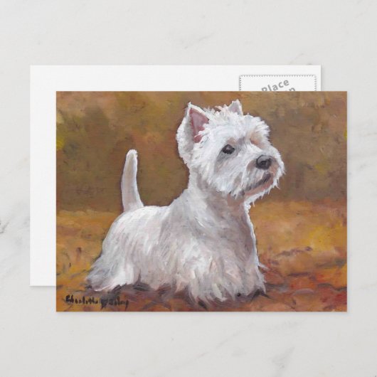 葉の中で遊ぶ西の犬 アート ポストカード (正面/裏面)