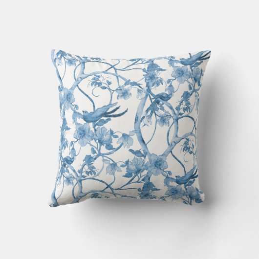 葉の中のシノワズリーブルーと白い鳥のフローラ クッション (裏面)