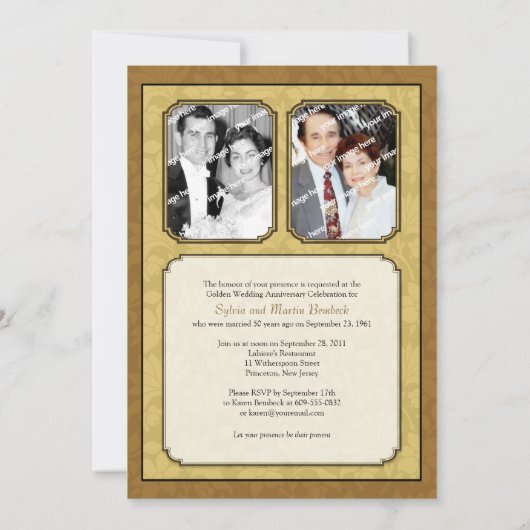 葉の付いたゴールデン・ダマスク（50周年）招待状 招待状 (裏面)