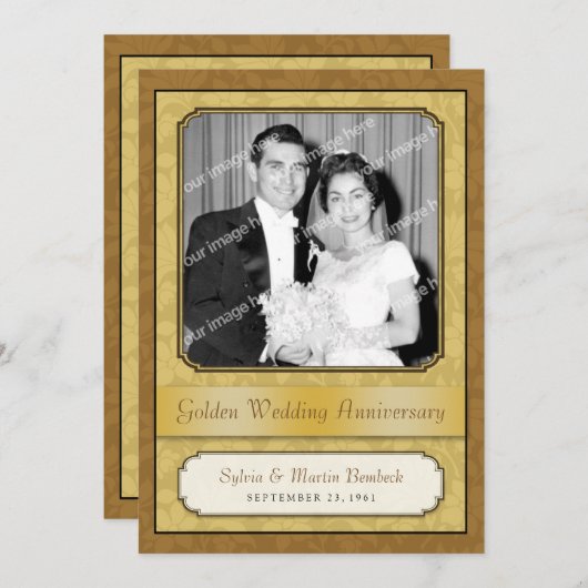 葉の付いたゴールデン・ダマスク（50周年）招待状 招待状 (正面/裏面)