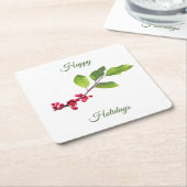 葉の付いたホリーベリーの枝 スクエアペーパーコースター (アングル)