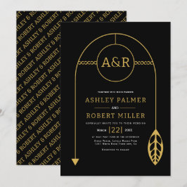 葉の付いた金のフレーム、イニシャル黒の結婚式 招待状