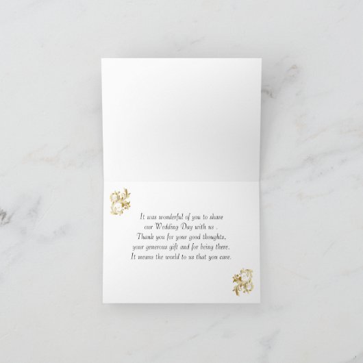 葉の付いた金色の渦巻き、青いダマスクの感謝 サンキューカード (内部)