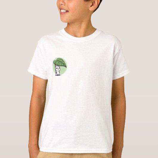 葉の傘の下で身を隠すウサギの子供服 Tシャツ (正面)