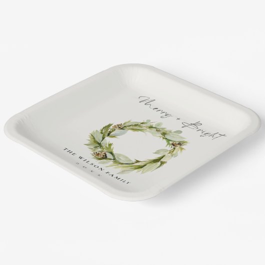 葉の冬のリースメリー&明るいクリスマス ペーパープレート (傾斜あり)