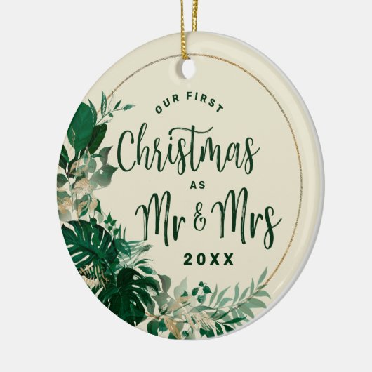 葉の初めてのクリスマスをミスター&ミセスの写真として セラミックオーナメント (左)