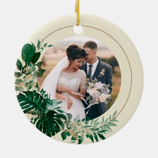 葉の初めてのクリスマスをミスター&ミセスの写真として セラミックオーナメント (裏面)