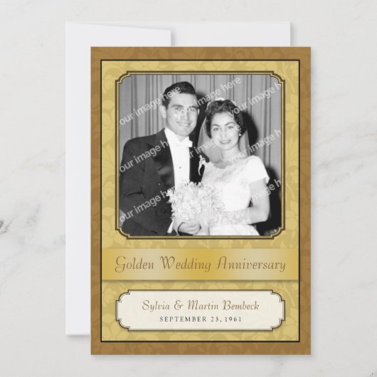 葉の多いゴールドダマスク(50周年)招待状 招待状 (正面)