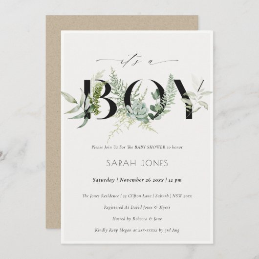 葉の多いシダは、その男の子の赤ちゃんシャワー招待状 サンキューカード (正面/裏面)