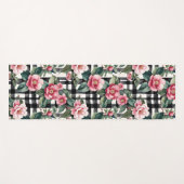 葉の多いピンクの椿を持つ白黒の格子模様 ヨガマット (正面(横))