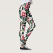 葉の多いピンクの椿を持つ白黒の格子模様 レギンス (右)