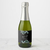 葉の多いボタニカル結婚ブラックのワきらめくインラベル スパークリングワインラベル (正面)