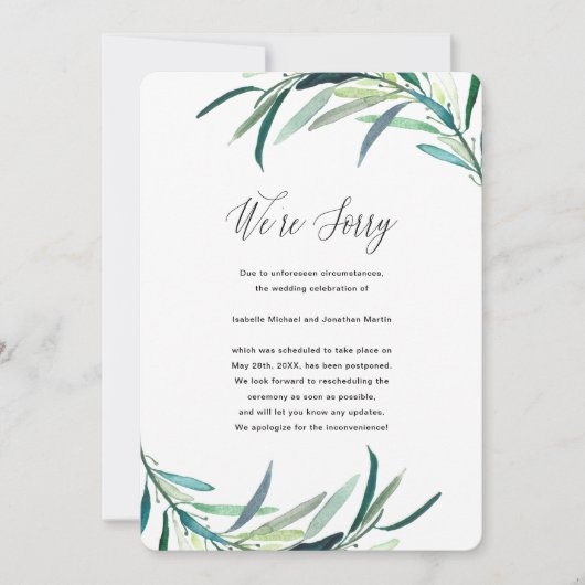 葉の多い植物結婚の延期の発表 案内状 (正面)