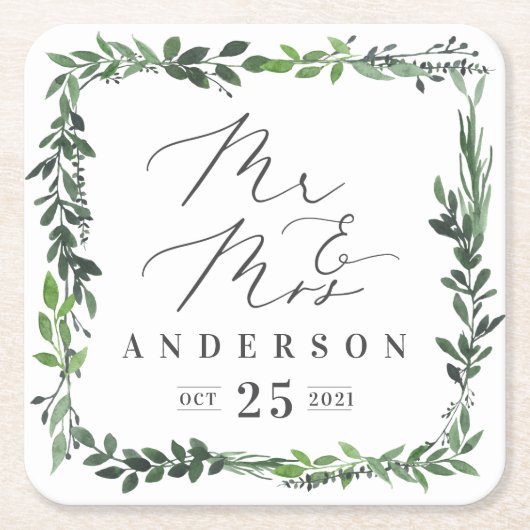 葉の多い水色のミスター&ミセスエレガント スクエアペーパーコースター (正面)