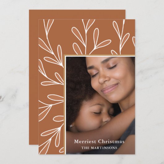 葉の多い珊瑚枠フォトクリスマス シーズンカード (正面/裏面)