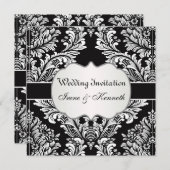 葉の多い白のダマスク模様の黒 ウェディング招待状 招待状 (正面/裏面)