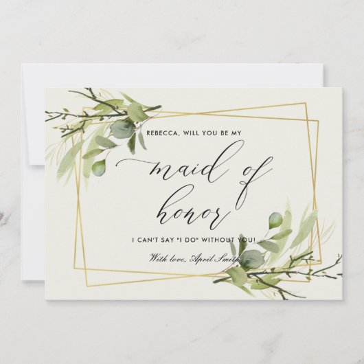 葉の多い金ゴールドの葉の水色は私のメイド・オブ・オーナー（花嫁付き添い人） 招待状 (正面)