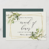 葉の多い金ゴールドの葉の水色は私のメイド・オブ・オーナー（花嫁付き添い人） 招待状 (正面/裏面)